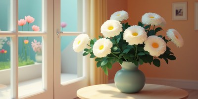 Bright daisies in a vase on a table in a sunlit room