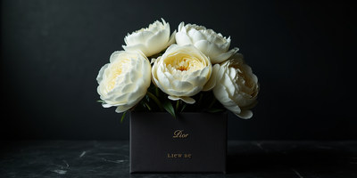 Elegant white peonies arranged in stylish black box