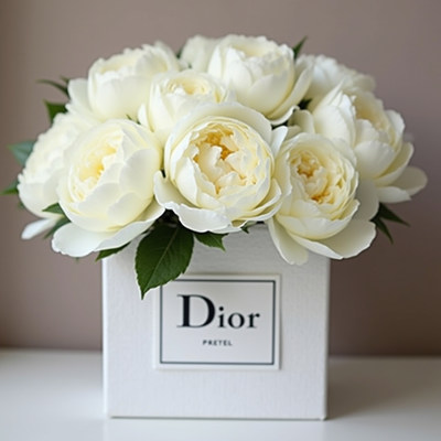 Elegant white peonies arranged in a stylish box