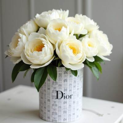 Elegant white peony arrangement in decorative container
