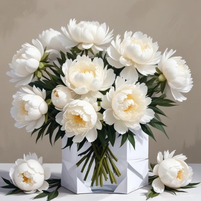 White peonies arranged in a modern vase on a table