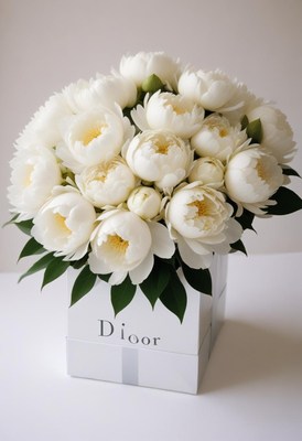 Elegant white peony bouquet in decorative box