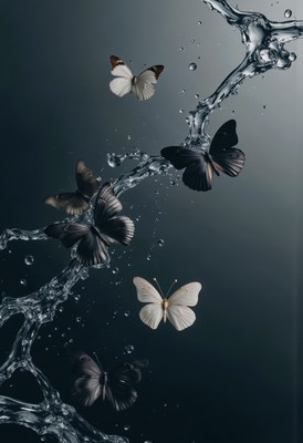 Elegant butterflies in water display against dark background