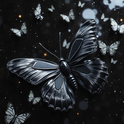 Black butterfly among a swarm of white butterflies in flight