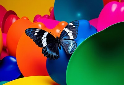 Colorful butterfly perched on vibrant balloons in studio