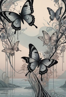 Beautiful butterflies fluttering over serene waterscape