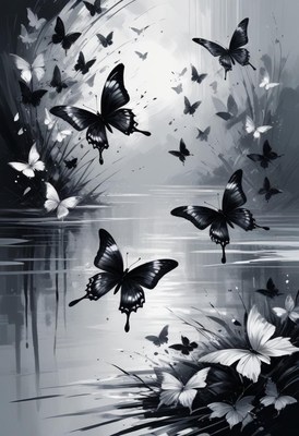 Beautiful black and white butterflies near a tranquil water