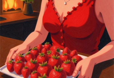 Woman holding a tray of fresh strawberries in a warm kitchen