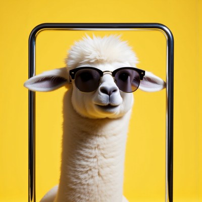Chic alpaca in sunglasses on yellow backdrop