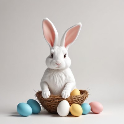 Bunny surrounded by colorful eggs in a nest