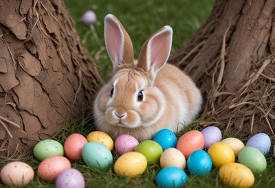 Cute rabbit surrounded by colorful eggs in spring setting