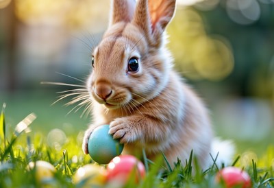 Cute bunny holding an easter egg in a sunny garden