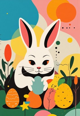 Colorful rabbit putting eggs in a vibrant garden