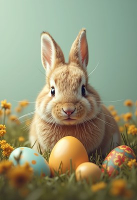 Cute rabbit surrounded by colorful easter eggs in spring