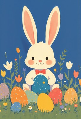 Cute rabbit with colorful eggs in a spring garden