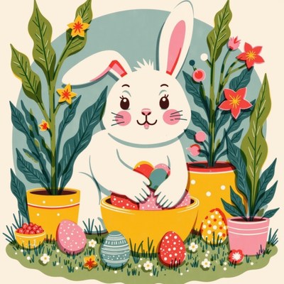 Colorful bunny prepares for easter egg hunt in garden