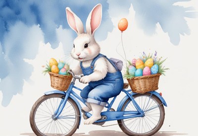 Happy rabbit rides bicycle with easter baskets