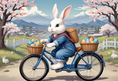 Bunny rides bicycle with easter eggs in spring landscape