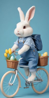 Bunny cycling with easter decorations and a backpack