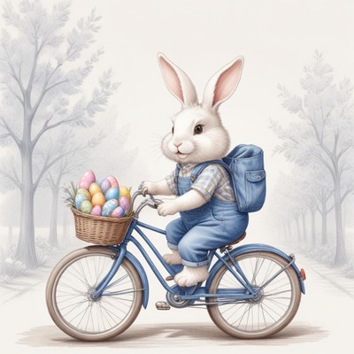 Bunny rides bicycle with easter eggs in basket