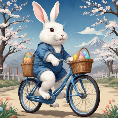 Rabbit in blue overalls riding bicycle with easter eggs