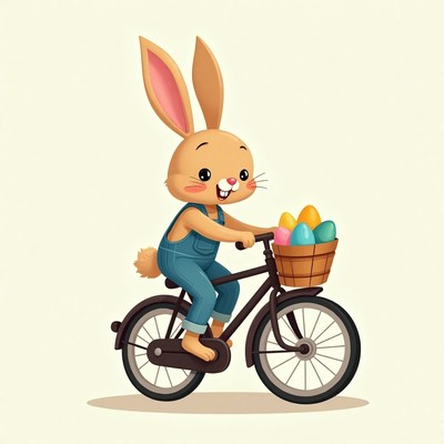 Bunny rides bike with easter eggs in colorful basket