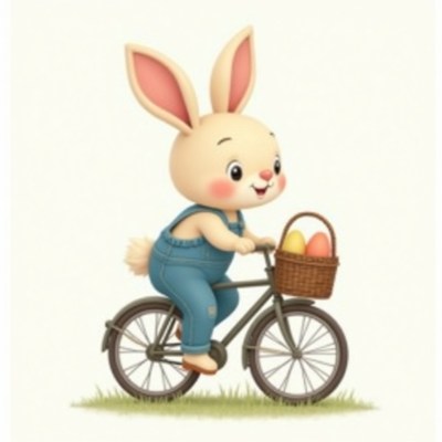 Cute rabbit rides bicycle with easter basket of eggs