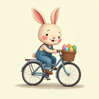 Happy bunny rides bike with easter basket of eggs