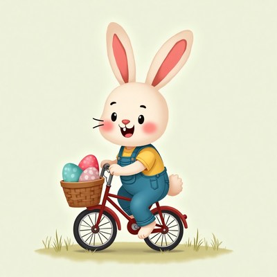 Bunny rides bicycle with easter eggs in a basket