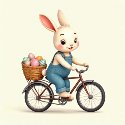 Cute bunny rides a bicycle with a basket of eggs