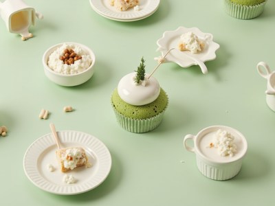 Green cupcake with dessert spread on light backdrop