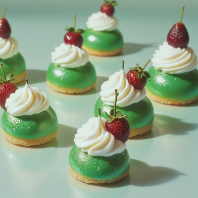 Colorful green desserts with strawberries on display