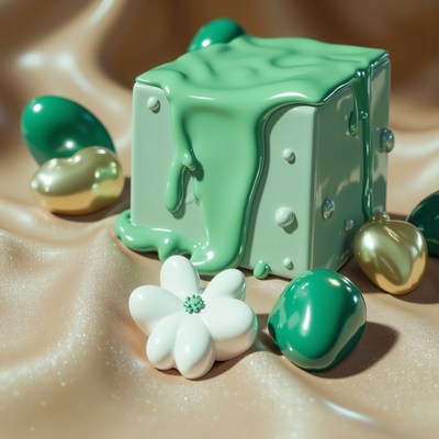 Decorative green dessert with eggs and flower on fabric