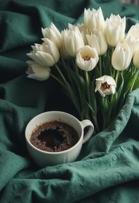 Freshly brewed coffee beside a bouquet of white tulips