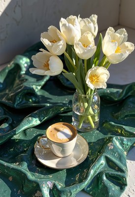 Fresh tulips and coffee on a vibrant green fabric