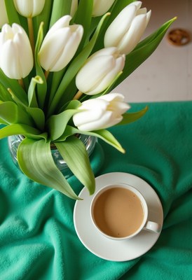 Enjoying coffee with fresh tulips on a cozy table