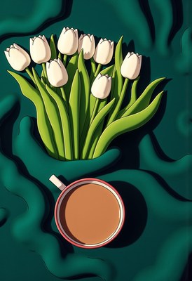 Fresh tulips and warm coffee in a cozy setting