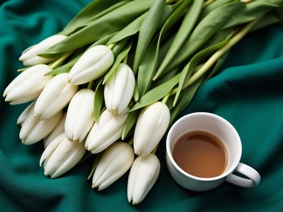 Fresh white tulips and a warm cup of coffee on green fabric