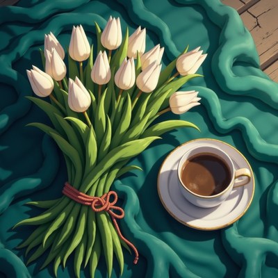 Morning coffee and fresh tulips on a textured table