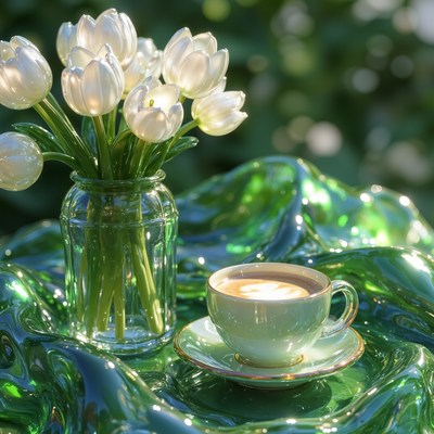 Relaxing afternoon with tulips and a cup of coffee
