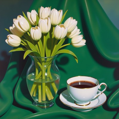White tulips and coffee cup on green fabric backdrop