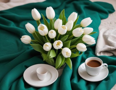 Beautiful white tulips and coffee on a green blanket