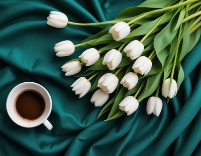 Coffee and fresh white tulips on a teal fabric backdrop