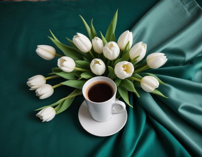 Coffee cup surrounded by white tulips on teal fabric