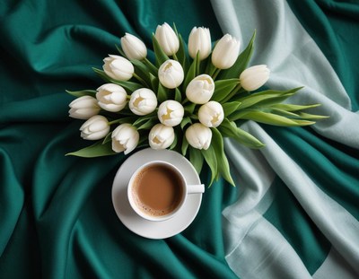 Morning coffee accompanied by fresh white tulips