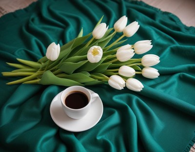 Coffee and white tulips on a teal fabric background
