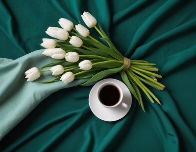 Warm coffee and fresh tulips on a green tablecloth