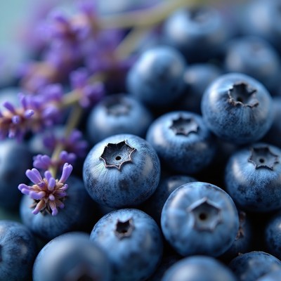 Fresh blueberries with lavender blooms on a rustic table