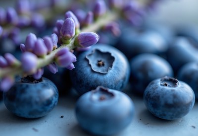 Fresh blueberries and purple flowers arranged beautifully