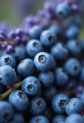Fresh blueberries clustered on a vine in a sunny garden